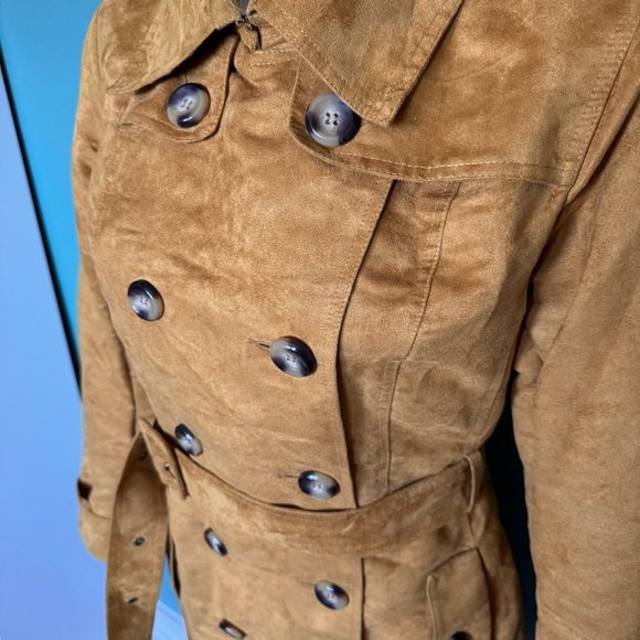 Steve Madden Suede Mustard Yellow Trench Coat Tie Waist Fitted Jacket - Picture 6 of 11